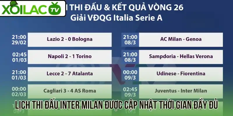 Lịch thi đấu Inter Milan được cập nhật thời gian đầy đủ